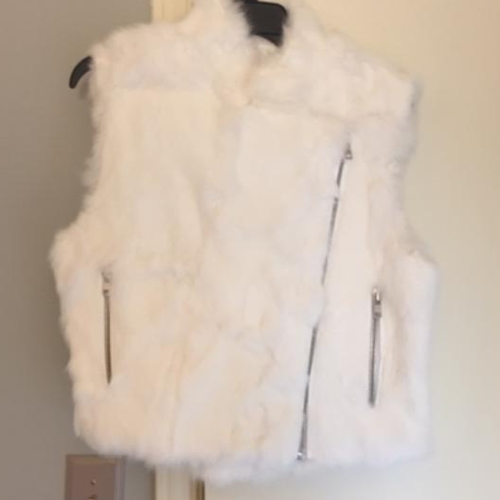 Adrienne Landau white rabbit fur moto vest, M